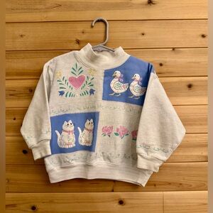 Vintage Baby Toddler Girl 2T Duck Cat Mockneck Pullover Folk-Art Graphic Sweater